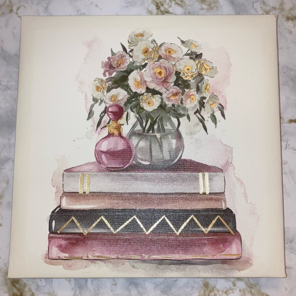 NEW Floral & Books Watercolor Square Canvas Wall Art Coquette Glam Home Decor